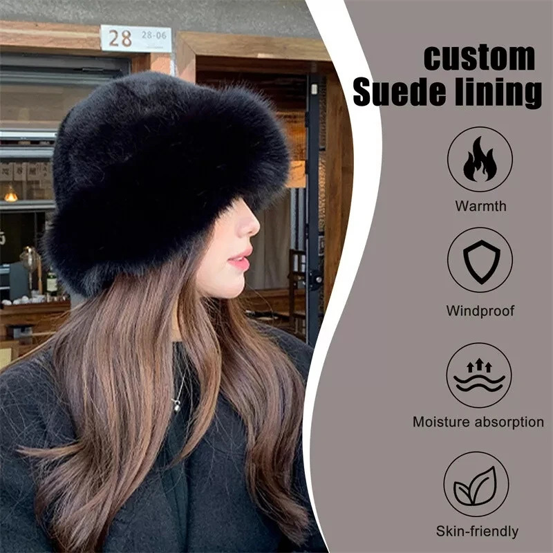 Cozy Faux Fur Hat Casual Breathable Warm Hat Stylish Plush Cap Ladies Winter Solid Fisherman Cap Women Fluffy Plush Bucket Hat 250806