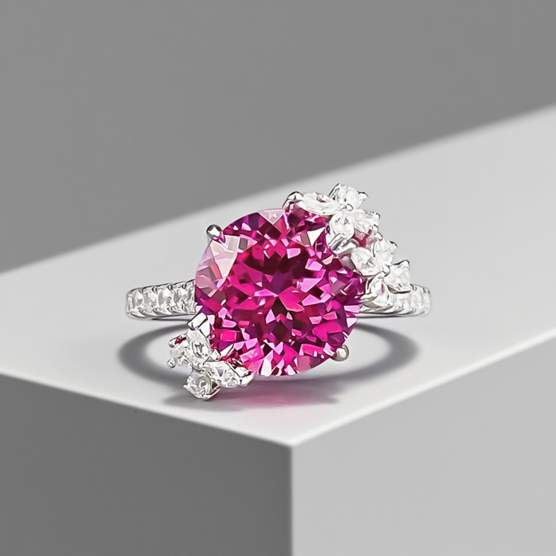 Hui Zhi Wing Jewelry S Pure Silver Inlaid 10mm Round Colorful Gemstone Rose Embellished Ring for Women Light Luxury High-end Party Style