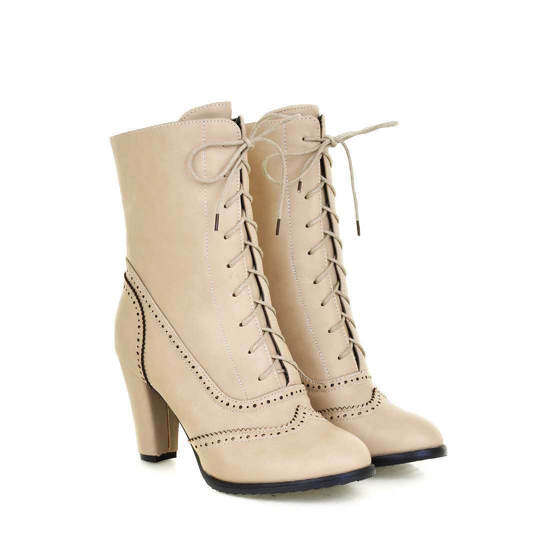 Women's Pointed Toe Stiletto Knight Boots with Flower Accent Side Zipper and Lace-Up Mid Calf Boots (Black, Beige, Brown)