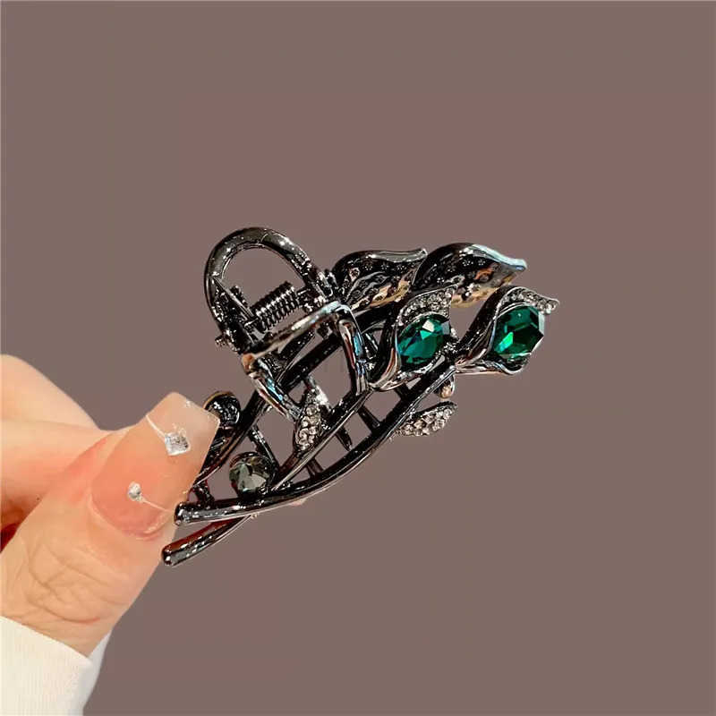 Elegant retro style tulip hair claws - medium size alloy inlaid with rhinestones suitable for ponytails and high bun hairstyles U250807