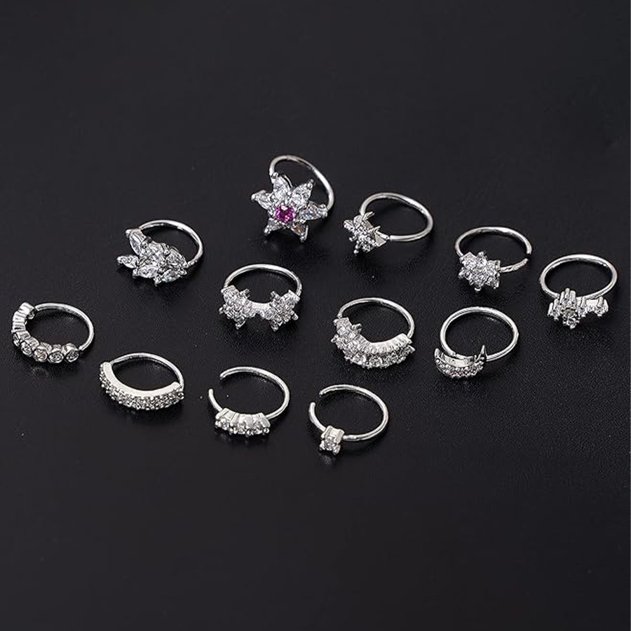 10Pcs Nose Ring Hoop Paved Flower Leaf Butterfly Feather CZ Cartilage Earrings Nose Piercing Jewelry for Women Men Silver Tone 20G