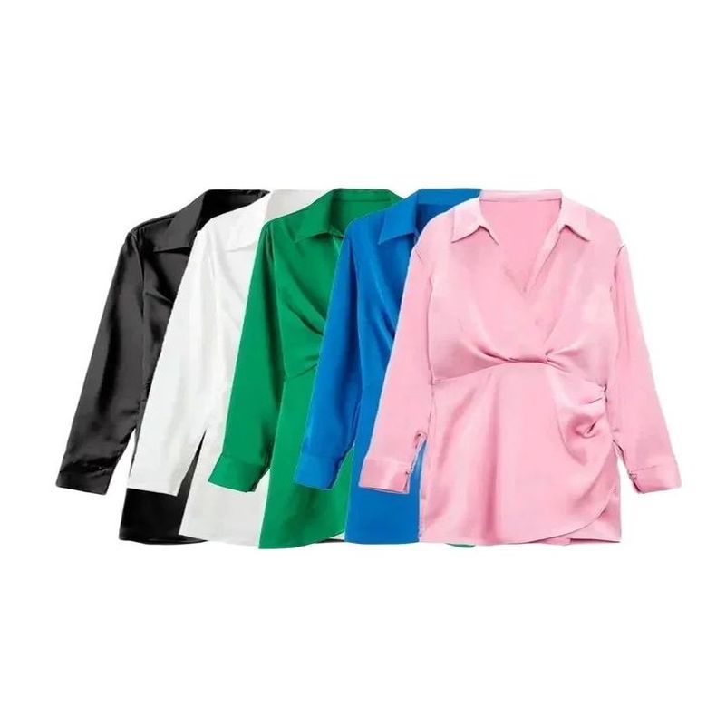 TRZA Women Fashion With Gathered Satin Mini Dress Vintage V Neck Long Sleeve Female Dresses Vestidos Mujer w250728