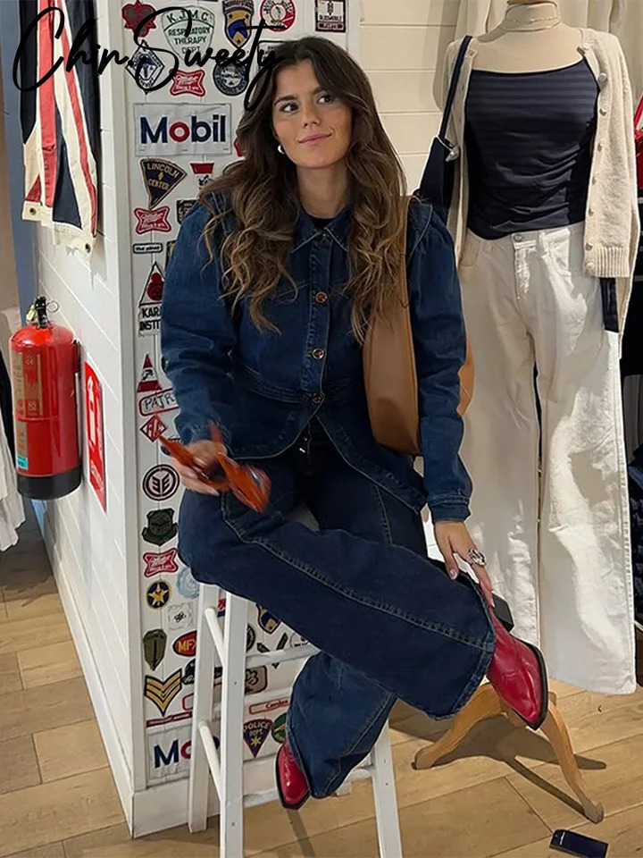 Casual Denim Jacket Pants Set Women Slim Buttons Jackets High Waist Hip Package Pant 2025 Autumn Lady Street Outfit 250804