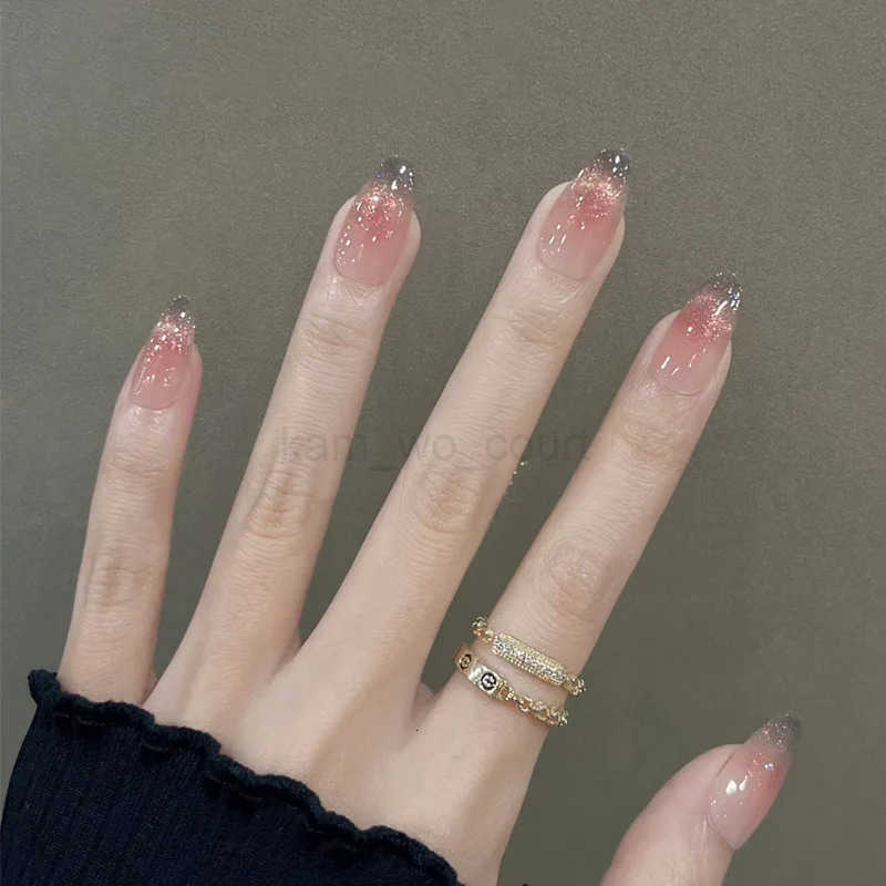 24Pcs Crystal Cat Eye False Nails Short Almond Press-on Nails Glossy Glitter Stick-on Nails Full Cover Acrylic Manicure Nail Art M250807