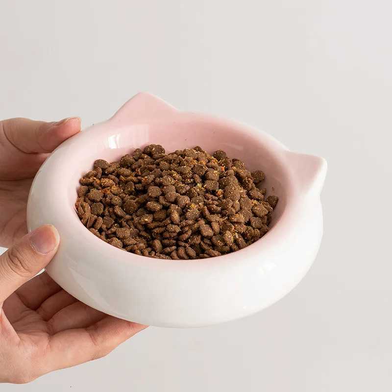 Creative Ceramic Flat Bottomed Cat Ear Shape Food Bowl Dining Plate Anti Overturning Pet Supplies Drinking Bowl Y250806