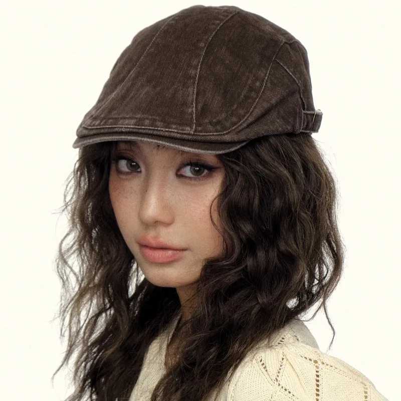 2025 American Retro Brown Washed Old Cowboy Forward Hat Women New Sp Girl Berets Girls Y2k Newsboy Painter Hat Wholesale XJ250807