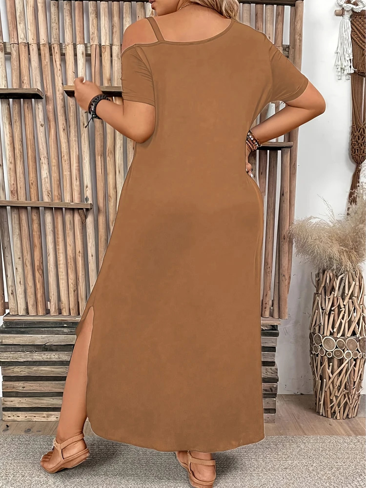 Plus Size Dress Elegant Slit Metal Buckle Single Shoulder Short Sleeve Big Womens Home Office Dating 250807