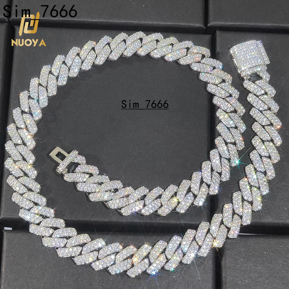 14mm Iced Out Prong Cuban Link Chain Silver Plated Brass Hip Hop Diamond Cuban Chains Necklace for Womens Fine Jewelry