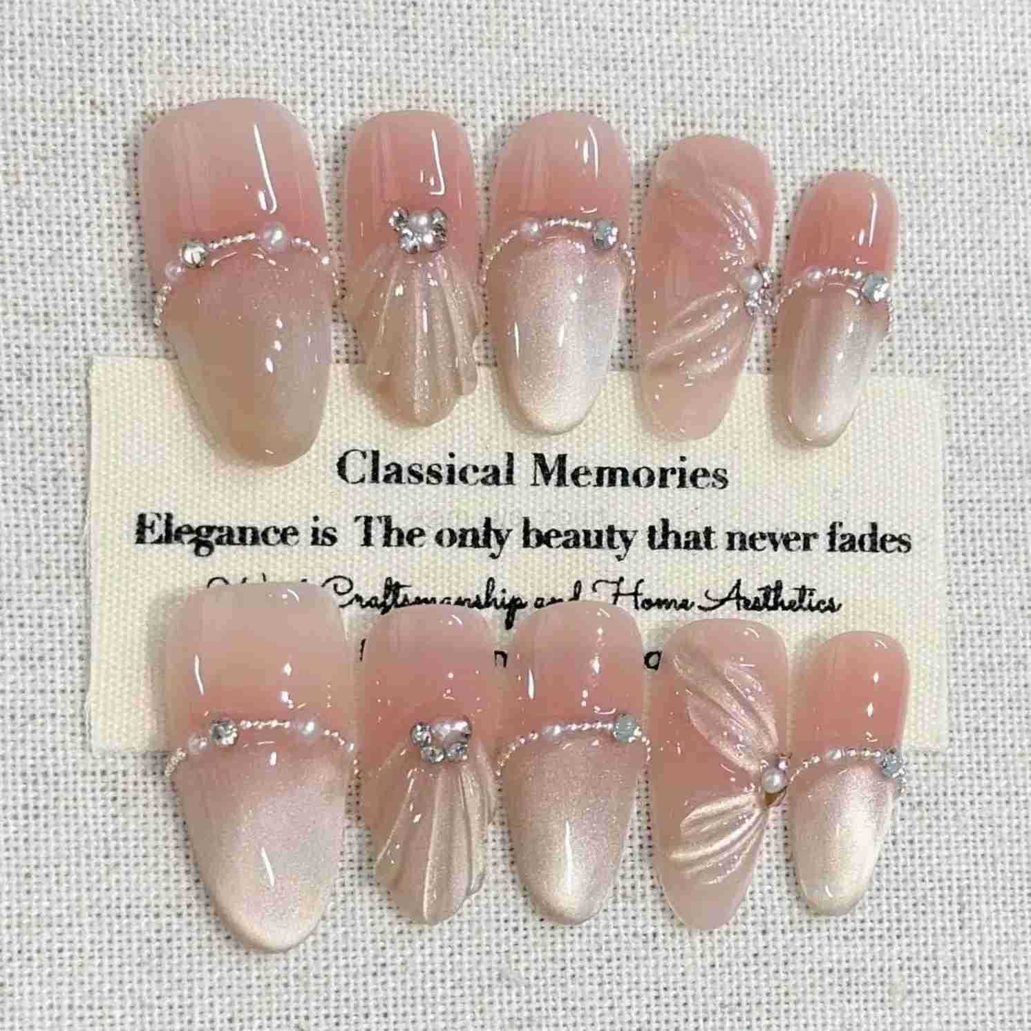 10Pcs Pink Blush Press-on False Nails with Mermaid Shell Cat Eye Sparkling Dreamy Nail Patch Wearing Finished Acrylic Fake Nail M250807