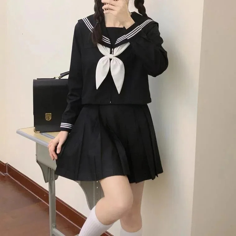 Japanese School Uniforms Student Style Girls Navy Costume Women Sexy Black JK Long Dress Suit Sailor Blouse Pleated Skirt Set 250729