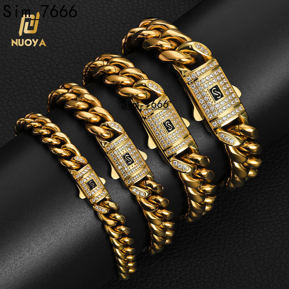 Monaco Chain 8-14mm Stainless Steel Diamond Buckle Round Grinding 14K Gold Plated Iced Out Moissanite Mens Bracelet