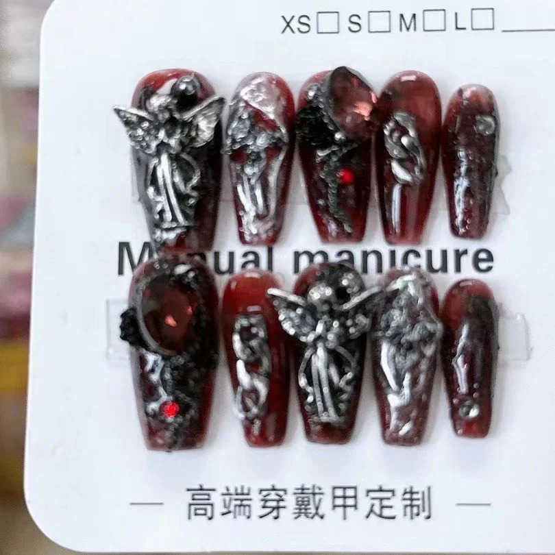 10 Pieces Sweet Cool Dark Style Handmade Wearable Nails Star River Falls Nail Art Patches Scarlet Angel Halloween Fake Nails M250807