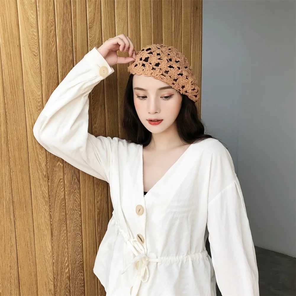 Breathable Hollowed Out Beret Hat Cotton Japanese Style Lace Hollow Flower Hat All-match Linen Spring Crochet Knitted C Party XJ250807