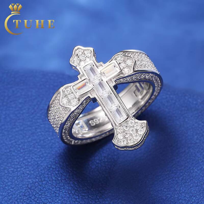 Fashion Hip Hop Party 925 Sterling Silver Baguette Diamond Cross Ring Gra Certified Moissanite Iced Out Ring for Men