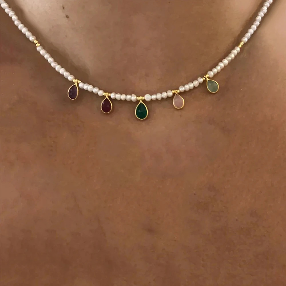 Fashion Charm Natural Pearl Beaded Necklace Multi-color Water Drop Pendant Decoration Collar Man Women Bohemian Stone Jewelry 250730