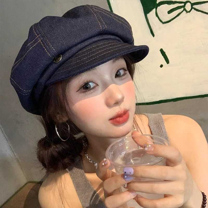 Janese Retro Literary Denim Newsboy Hats Women Show Face Small Summer and Autumn Travel Casual Versatile Octagonal Berets XJ250807