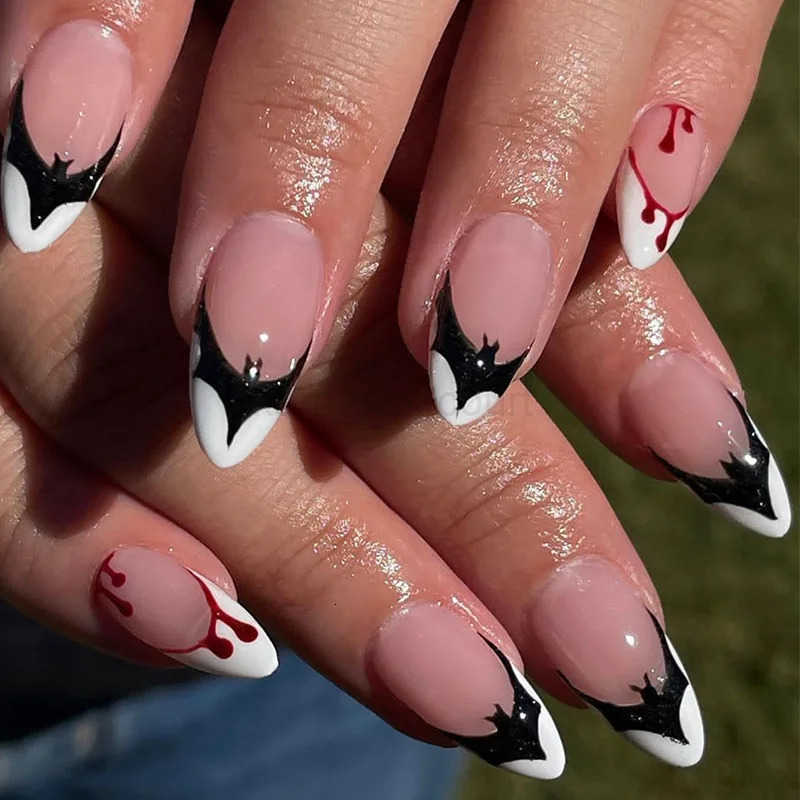 24Pcs Halloween False Nails with Almond Head Design Mid-length French Fake Nails Bat Wearable Oval Press-on Nails Manicure Tools M250807