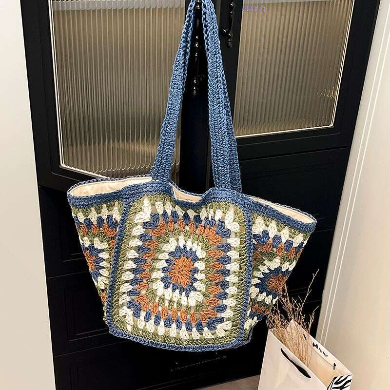 Handmade Crocheted Straw Woven Tote Large Capacity Shoulder Bag Cute Temperament Girl
