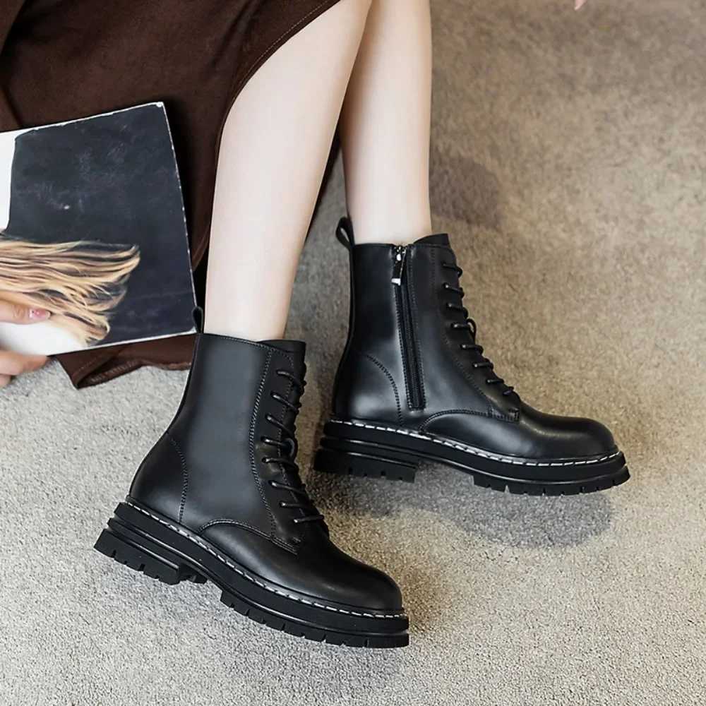 Black Boots Zipper Black Womens Boots Autumn Winter Thick Sole Height Increasing Motorcycle Short Boots Womens Platform Shoes XJ250807