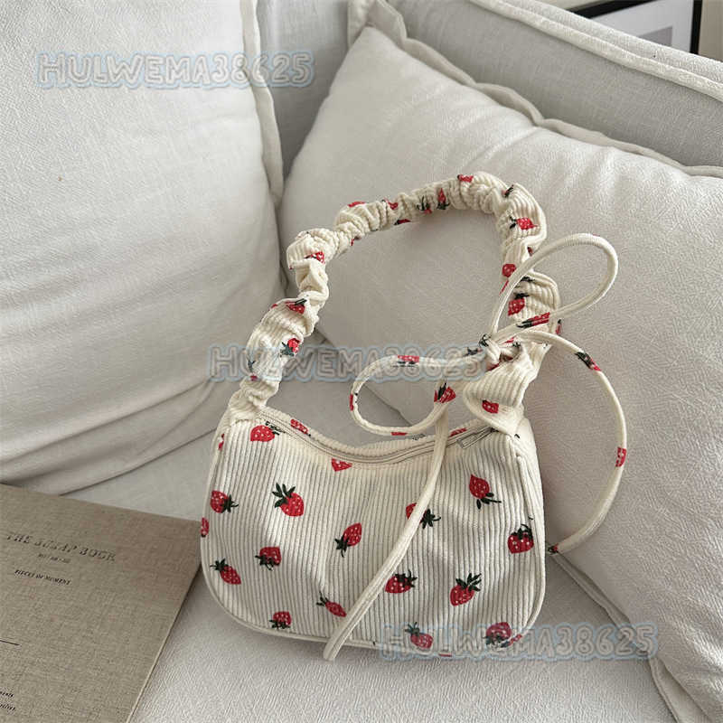 Cute Strawberry Small Bag for Women 2024 New Trendy Versatile Underarm Bag Celebrity Fashion Corduroy Shoulder Bag H250806