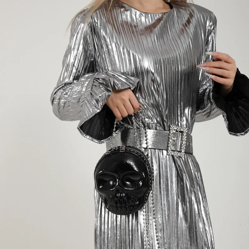 Creative Skeleton Chain Bag Large Capacity PU Shoulder Bags Halloween Skull Head Novelty Crossbody Bags Solid Color Sling Purses 250807