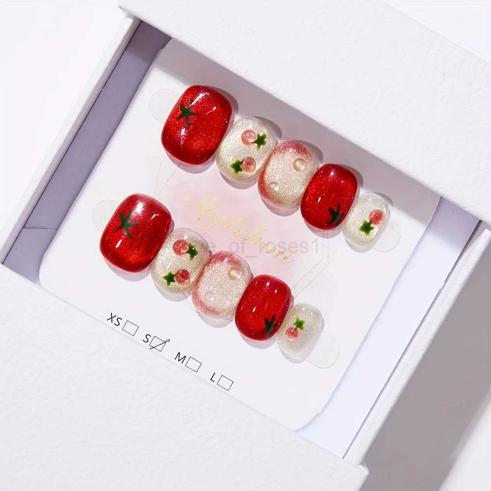 10pcs Festive Red Oval Short Press-On Nails with Cute Tomato Design Glossy Finish Holiday Nail Art Set for Women and Girls Wear Z250807