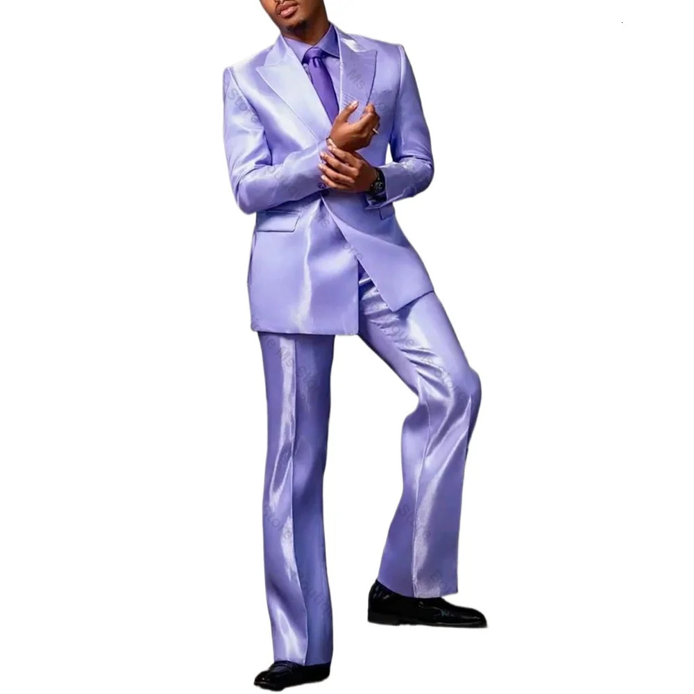Purple Satin Single Breasted Men Suit Two PiecesJacketPants Outfits Casual Party Prom Wedding Set 250807