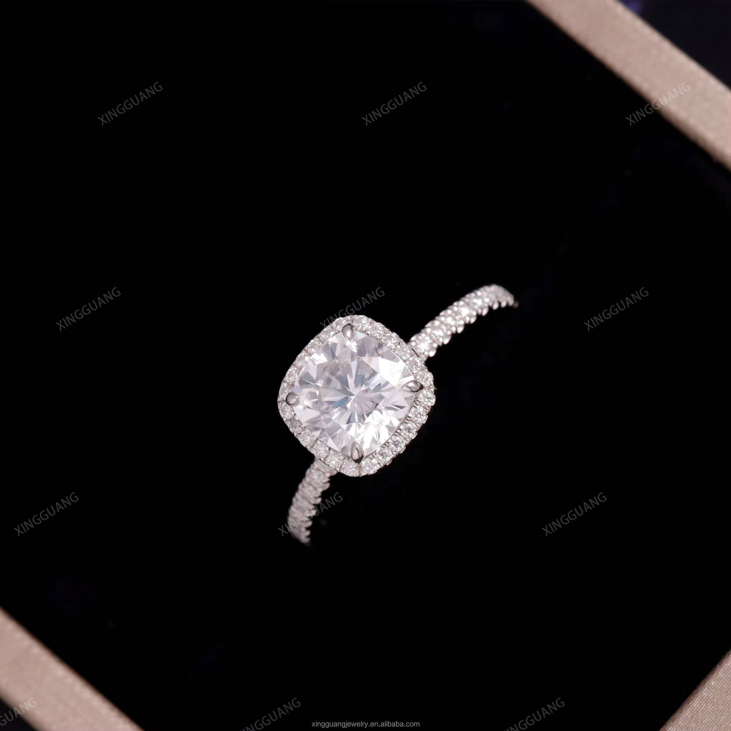 XingGuang Women Engagement Ring 18K White Gold Fine Jewelry 3CT Cushion Cut Halo Diamond Style VVS Moissanite Ring