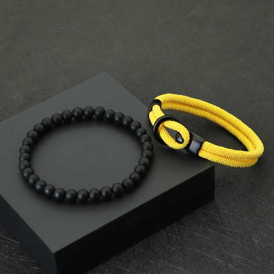 2Pcs/Set Men Bracelet Set Double Layer Rope Nautical Bracelet 6mm Black Onyx Stone Bracelet Leisure Accessories Pulseria W250807