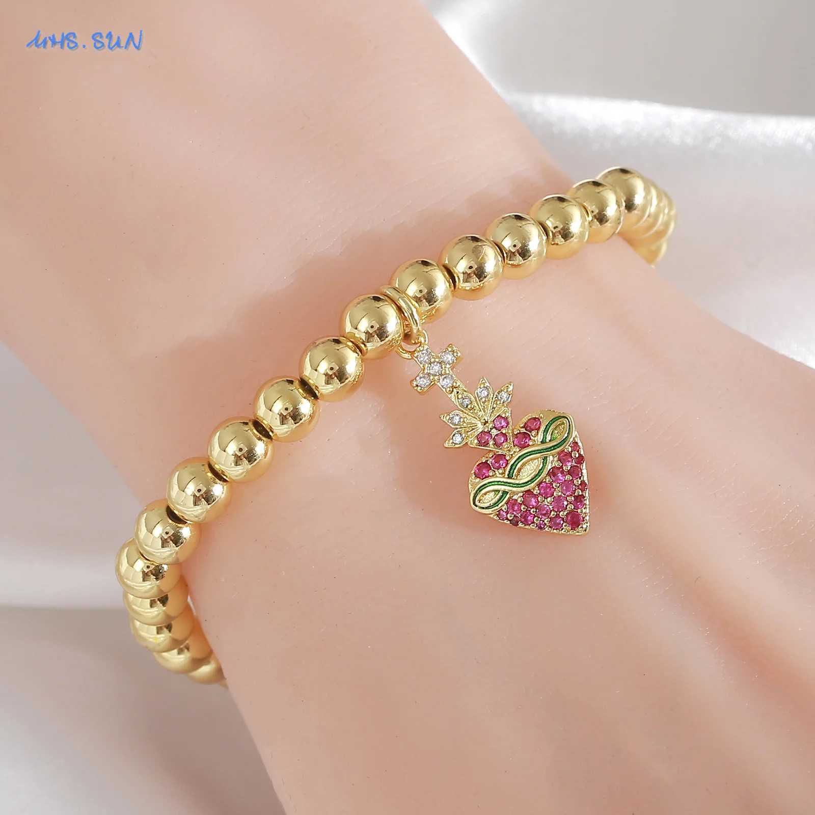 6MM Gold Plated Metal Beads Bracelets for Women and Men Cubic Zircon Sacred Heart Cross Charm Bracelet Party Jewelry W250807