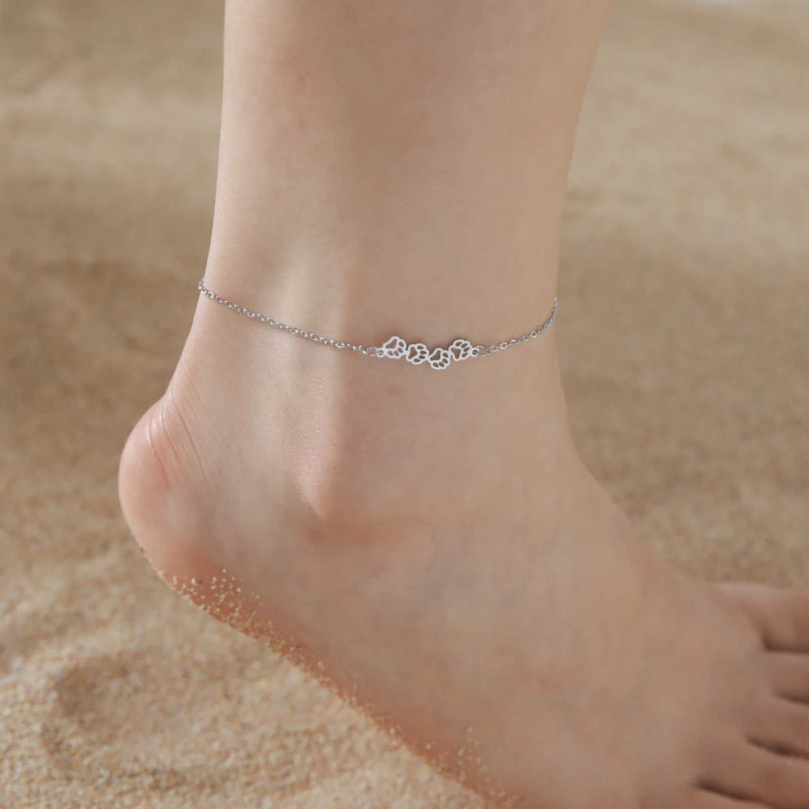 Kkjoy Fashion Cute Stainless Steel Gold Color Hollow Cat Dog Paw Anklet For Women Female Animal Charm Jewelry Gift Y250805
