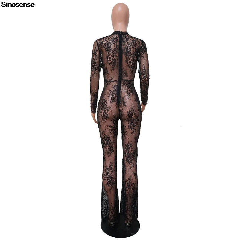 Womens Sheer Mesh See Through Bodycon Black Jumpsuit Long Sleeve Floral Lace One Piece Rompers Y2K Night Out Club Party Outfits 250807