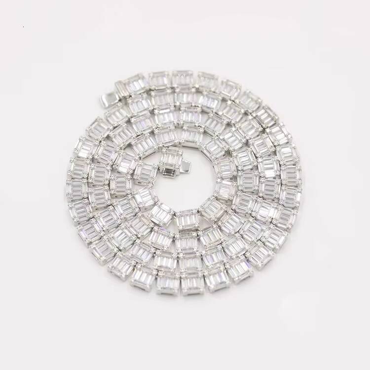 Custom Wholesale 925 Silver 8MM Necklace Baguette CZ Cubic Zirconia Iced Out Cuban Link Chain Hip Hop Jewelry