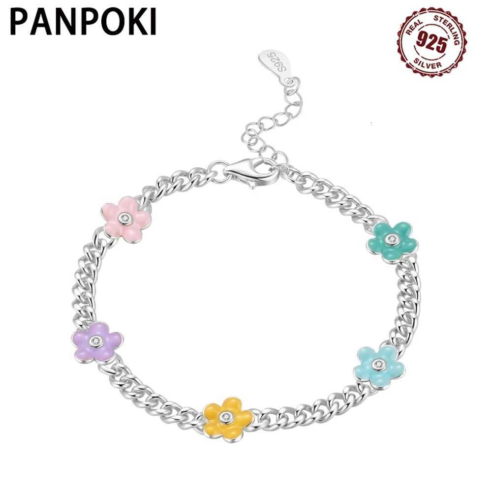 PANPOKI New 925 Sterling Silver Cute And Colorful Flower Bracelet Chain Link Women Bracelet Festival Jewelry Party Trendy Gifts W250807