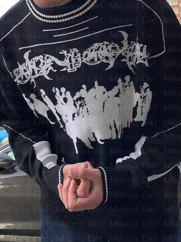 Hip Hop Streetwear Knitted Sweater Men Women Gothic Hassett Pattern Oversized Sweater Pullover Winter Harajuku Cotton sweater 250806