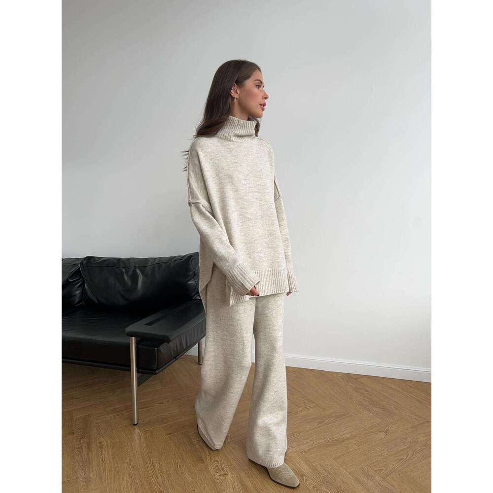 High Neck Split Wool Sweater For Women Loose Casual Lazy Knitted Long Pants Two-Piece Set B5 h7