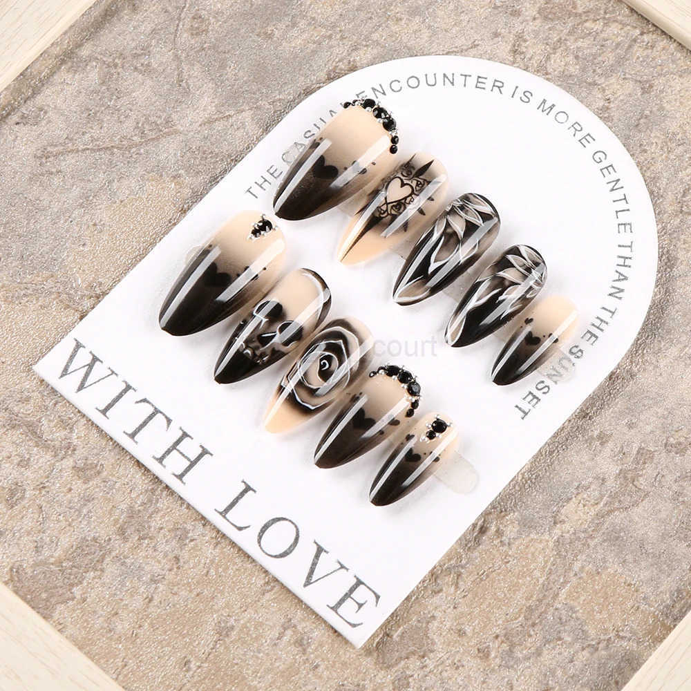 24Pcs Black Glossy Halloween Almond Fake Nails Gradient French Cool Press On Nails Rose/Heart/Skull Acrylic Wearable False Nails M250807