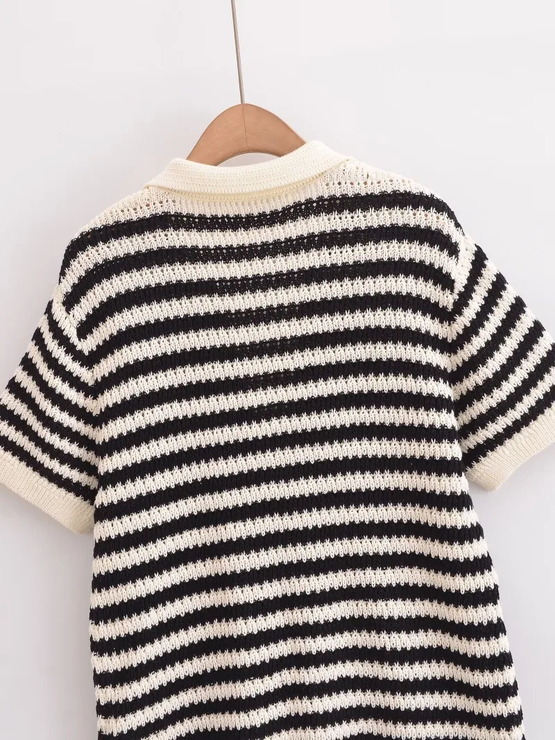 TRAFZR 2025 Womens Striped Knit Cotton TShirt Polo Collar Short Sleeve Casual Spring Summer Daily Street Weekend Wear 250729