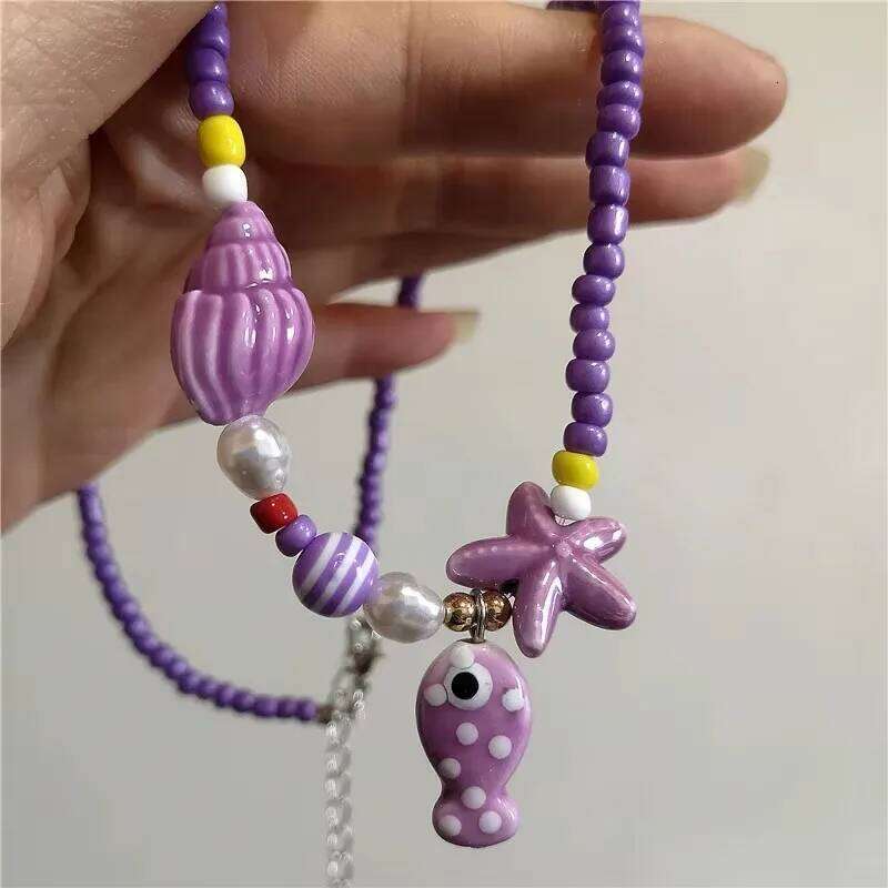Bohemian Colorful Blue Pink Ceramic Fish Pendant Striped Beaded Summer Necklace For Women Seaside Vacation Party EMO Accessories
