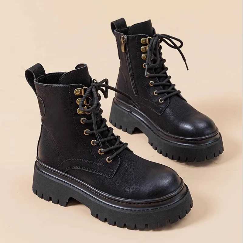 100% Genuine Leather Ankle Boots for Women Autumn Ladies Shoes Thick Heel Platform Motorcycle Boots British Work Short Botas XJ250807