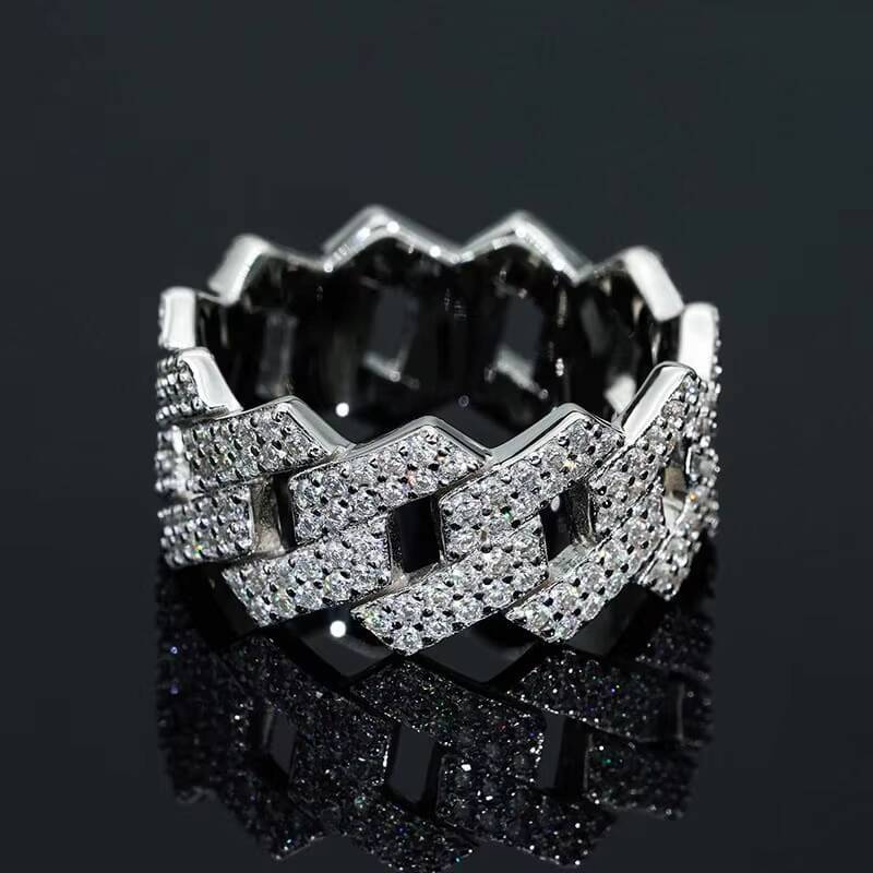 Luxury 14k White Gold Cuban Link Ring Classic Brilliant Cut Moissanite Diamond for Wedding Engagement Anniversary Party Gift
