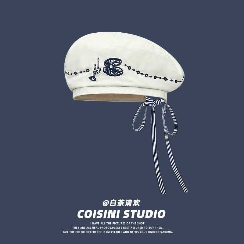 Japanese Retro Bow Streamer Sailor Hat for Women Summer Light and Breathable Versatile Sun Protection Fashion Embroidered Berets XJ250807