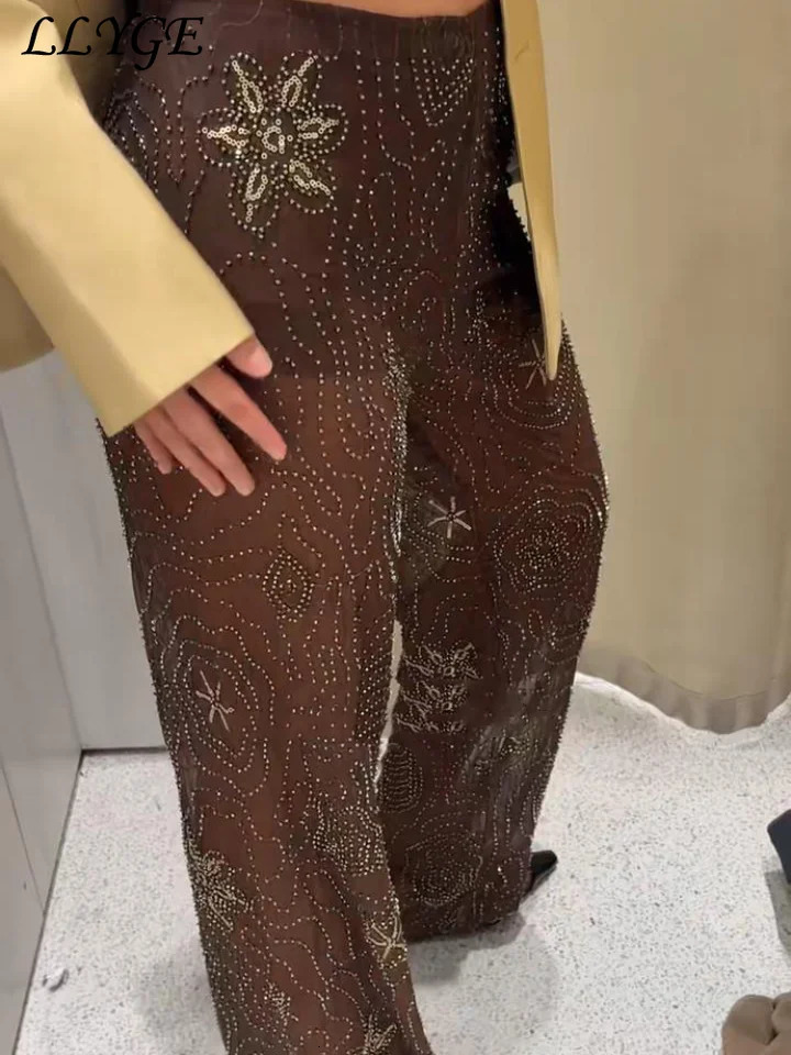 See Through Beaded Embroidery Pants Women Baggy Sexy Snowflake Sequined Wide Leg Trousers 2025 Spring Summer Lady Y2k Streetwear 250806