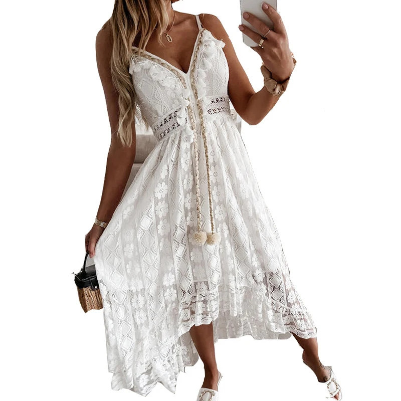 Summer Lace Sling Big Swing Solid Color Long Skirt Dress Spring Vneck Sleeveless Beach Dresses Casual Chain Link 250807