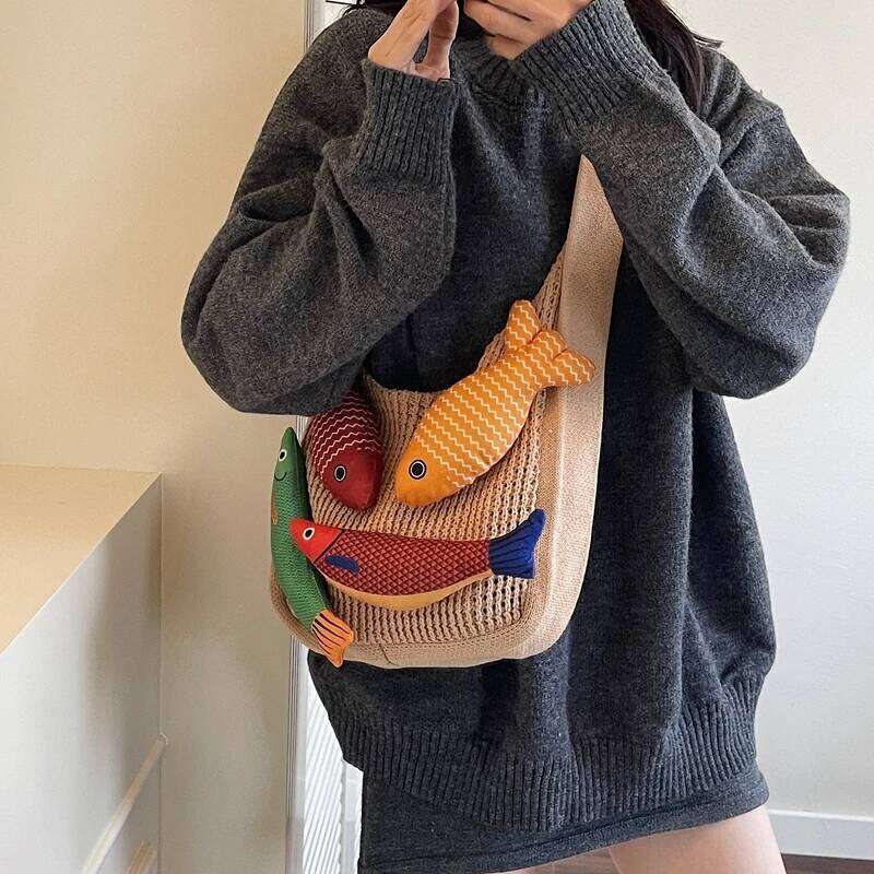 Lucky Fish Decor Shoulder Tote Bags For Women Woolen Knitted Large Capacity Shopper Totes Koi Design Casual Street Handbags 2025