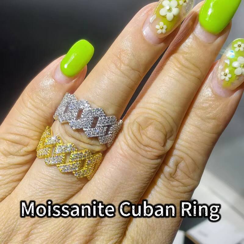 Ready to Ship Hip Hop Jewelry Fully Iced Out 925 Silver Gold Cuban Rings Eternity Mens Moissanite Ring with GRA Certification