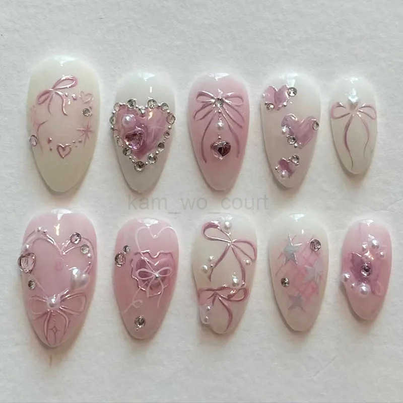 24pcs Sweet False Nail Patches Detachable Fake Nail Tips With Bowknots Love Heart Pearl Design Pink Almond Korean Press On Nails M250807