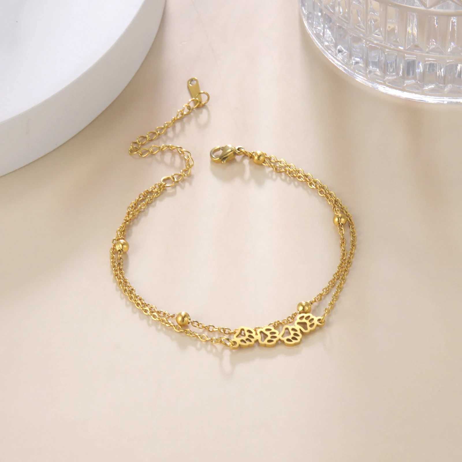 Kkjoy Fashion Cute Stainless Steel Gold Color Hollow Cat Dog Paw Anklet For Women Female Animal Charm Jewelry Gift Y250805