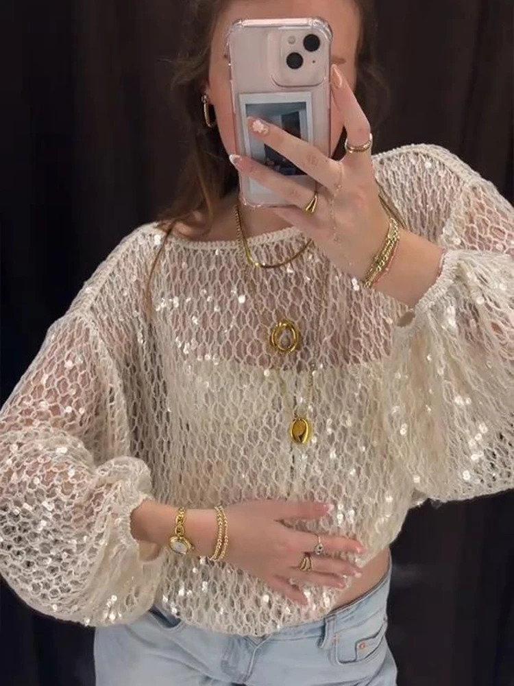 Fashion Sequin Hollow Out Top For Women Flare Sleeve O-neck Transparent Loose Blouses 2025 Summer Chic Female Casual Outerwear 250804