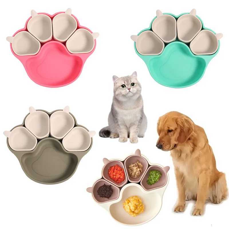 Pet silicone licking basin cartoon cat paw shaped bowl cat dog with suction cup tableware set anti spill compartment food bowl Y250806
